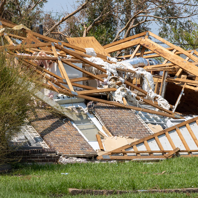 Close up of a collapsed brick house after a hurricane. 