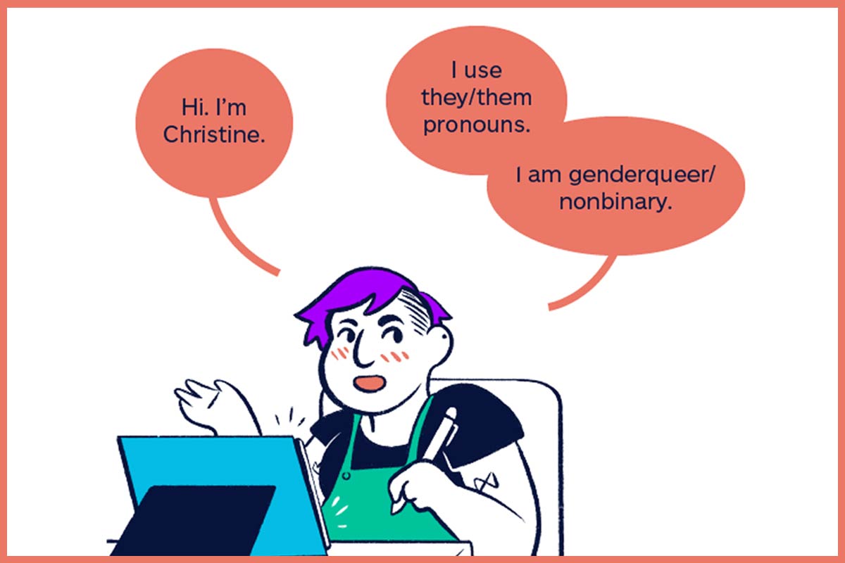 Comic panel showing artist Christine Suggs talking about being genderqueer/non-binary. 