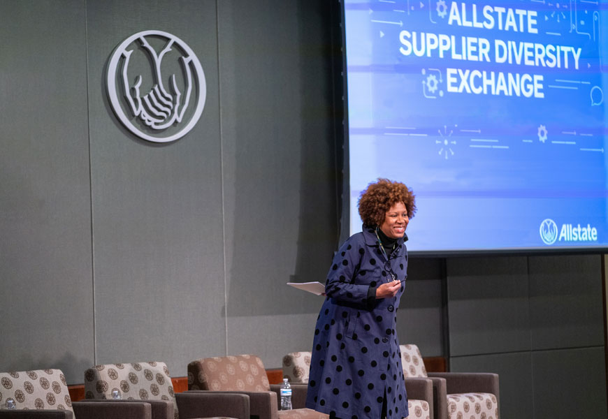 Senior Vice President of Sourcing and Procurement Solutions Cheryl Harris speaking at a Business Diversity Summit, 2019. 