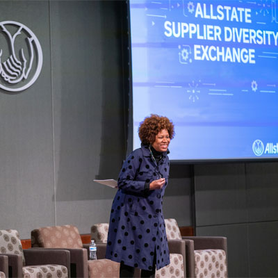 Senior Vice President of Sourcing and Procurement Solutions Cheryl Harris speaking at a Business Diversity Summit, 2019. 