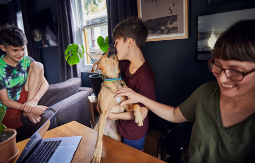 Two children playing with a dog in front of a desk with a laptop. 