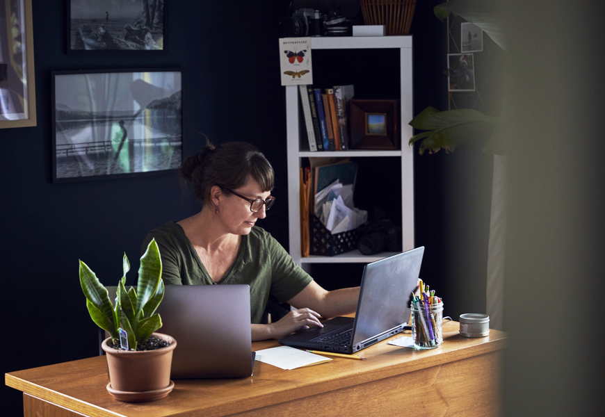woman working on computer. 